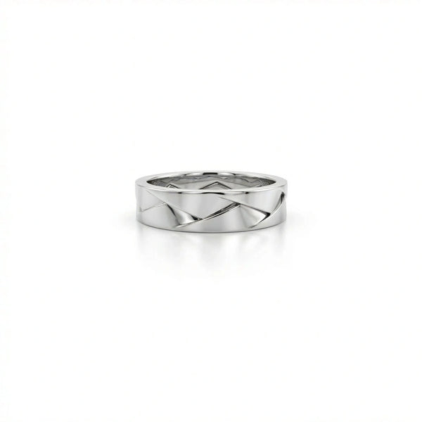Apex interlock facet band in solid 14K white gold with angular intersecting geometric pattern