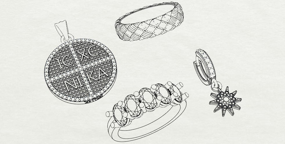 Black and white line drawing of various pieces of jewelry including a pendant, bracelet, ring, and earring.