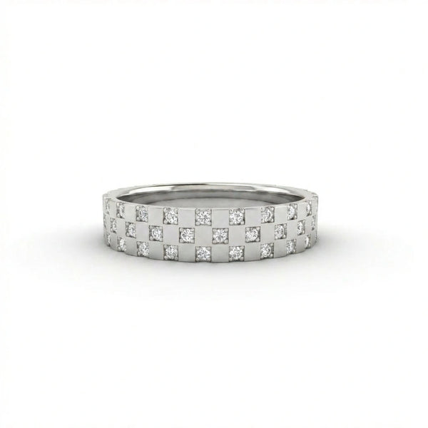Cyrus Tessera diamond band in 14K white gold with geometric mosaic square pattern and flush set round diamonds across the band
