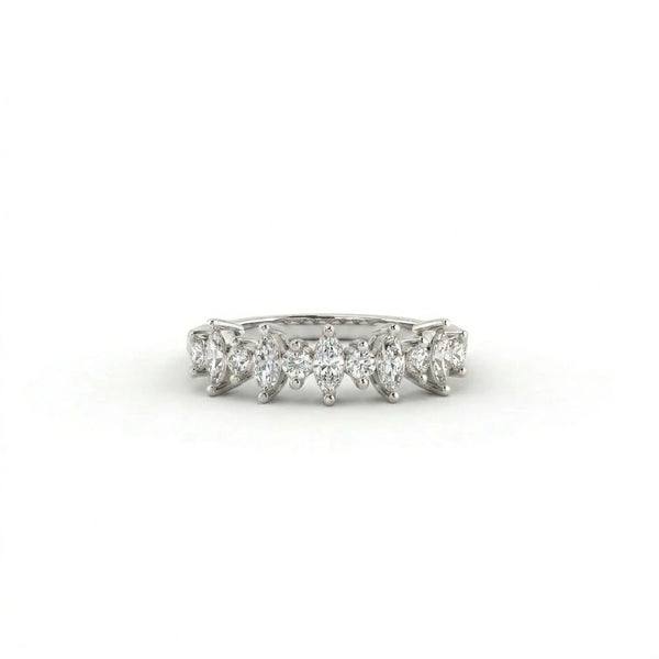 Marquise and round lab grown diamond wedding band in 14K white gold front view