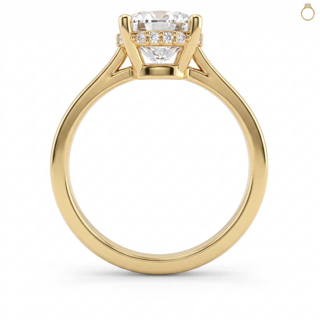 Side profile of a cushion cut hidden halo engagement ring in 14K yellow gold, showing the pave halo set beneath the center stone