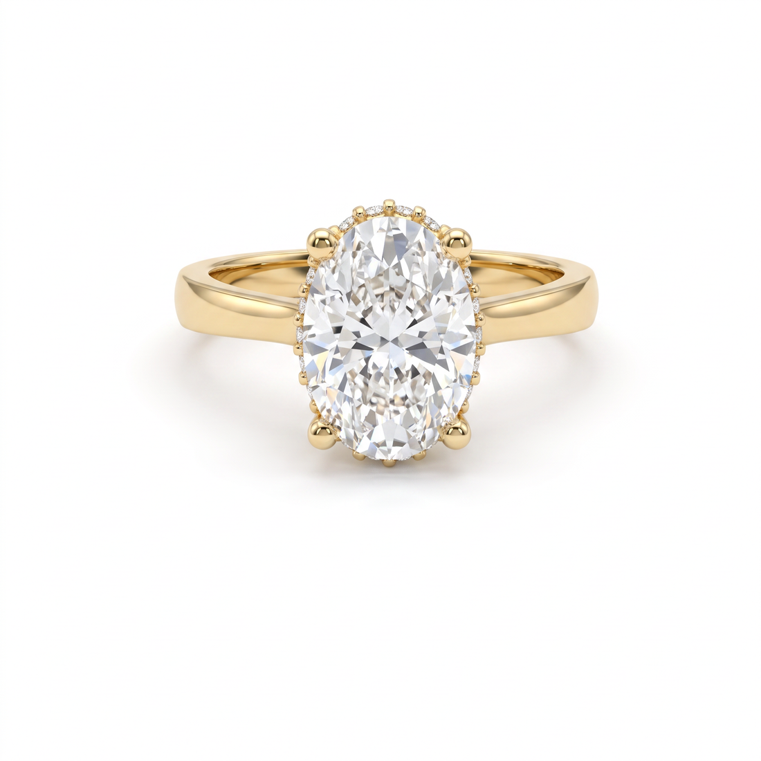 A 2 carat oval cut Lab-Grown Diamond engagement ring in 14K yellow gold, front view