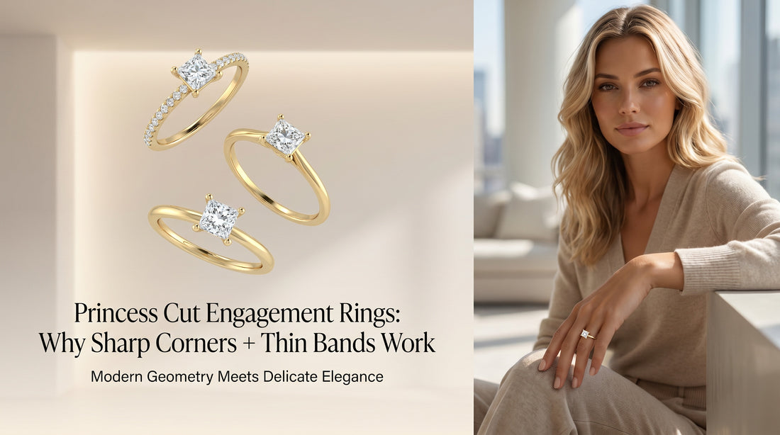 Princess cut engagement rings on ultra thin bands — solitaire and pavé in 14K gold — Black Pearl of Queens