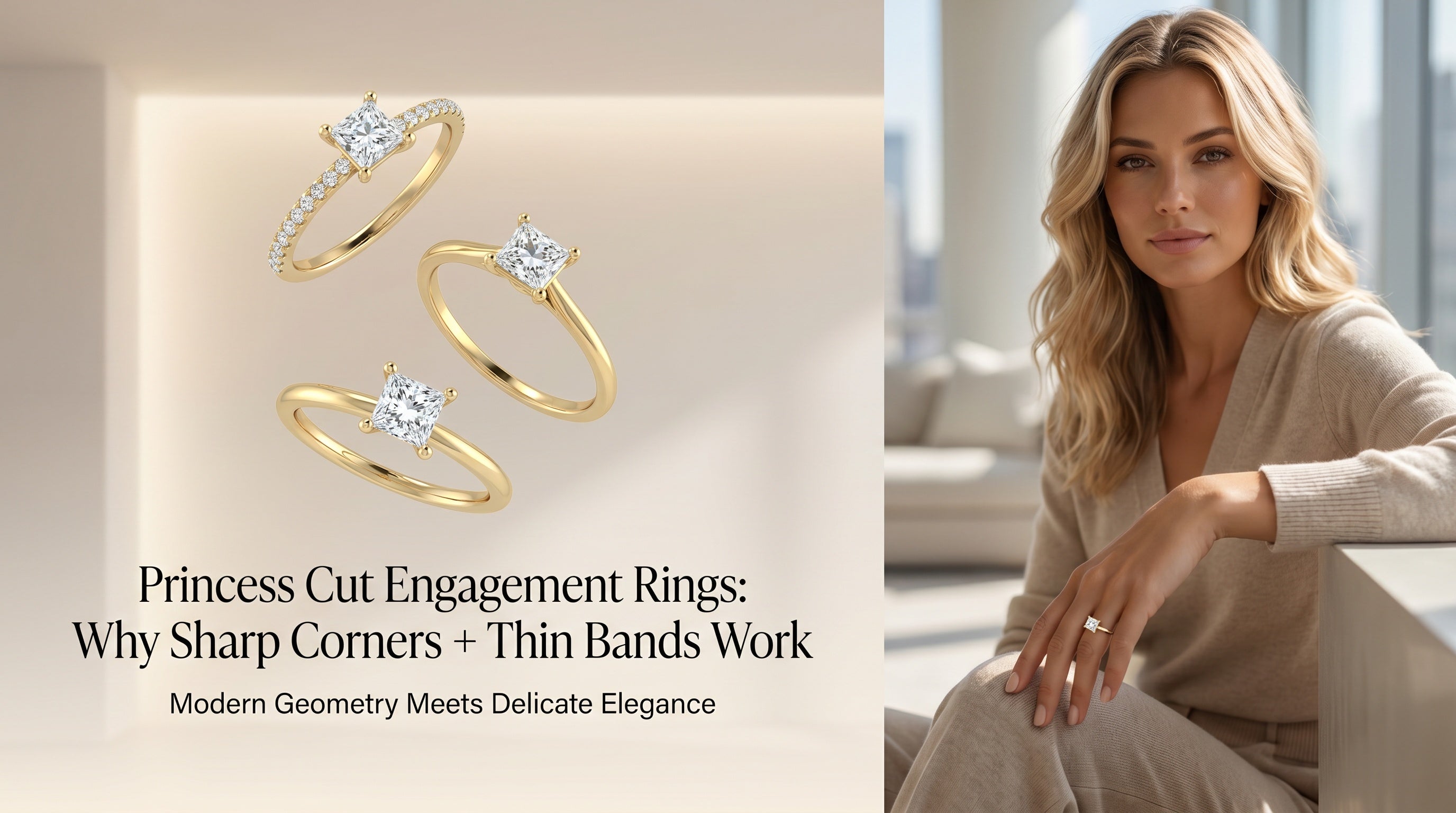 Princess cut engagement rings on ultra thin bands — solitaire and pavé in 14K gold — Black Pearl of Queens