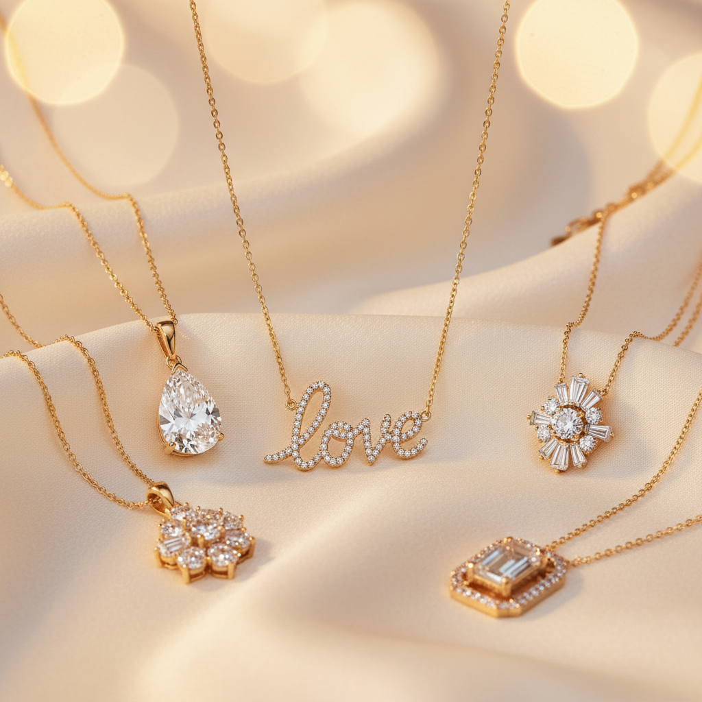 Amora Collection romantic diamond necklaces in 14K gold handcrafted in NYC by Black Pearl of Queens