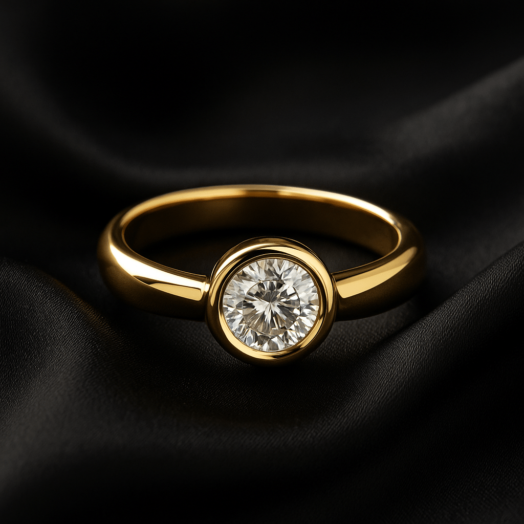 14K yellow gold round bezel-set diamond signet ring displayed on black satin, photographed in a luxury minimalist engagement style.