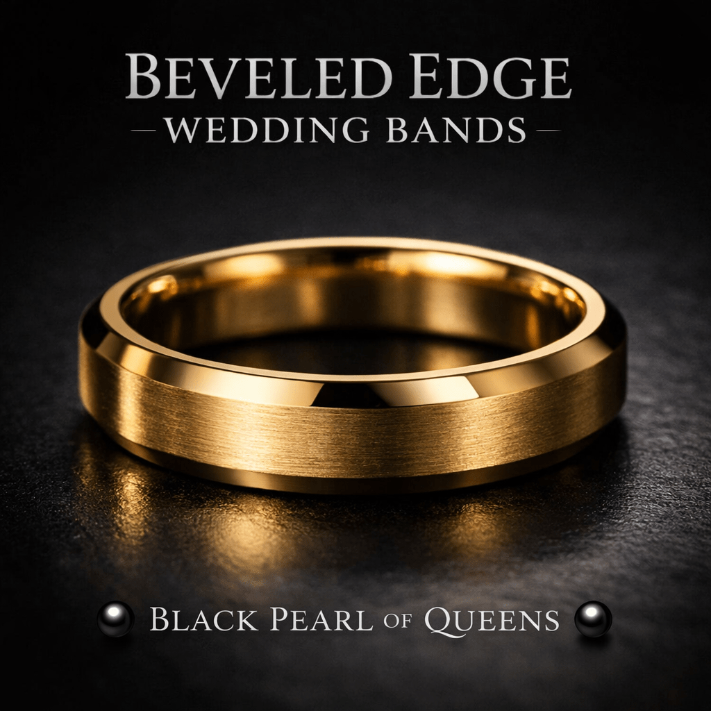 Beveled edge wedding band in solid 14K gold handcrafted by Black Pearl of Queens for daily wear