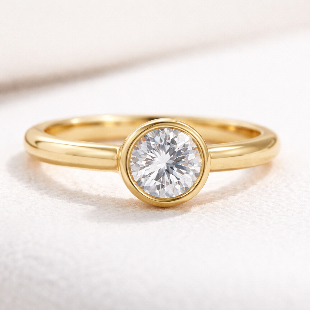 Bezel set round diamond engagement ring in solid 14K yellow gold with a polished band