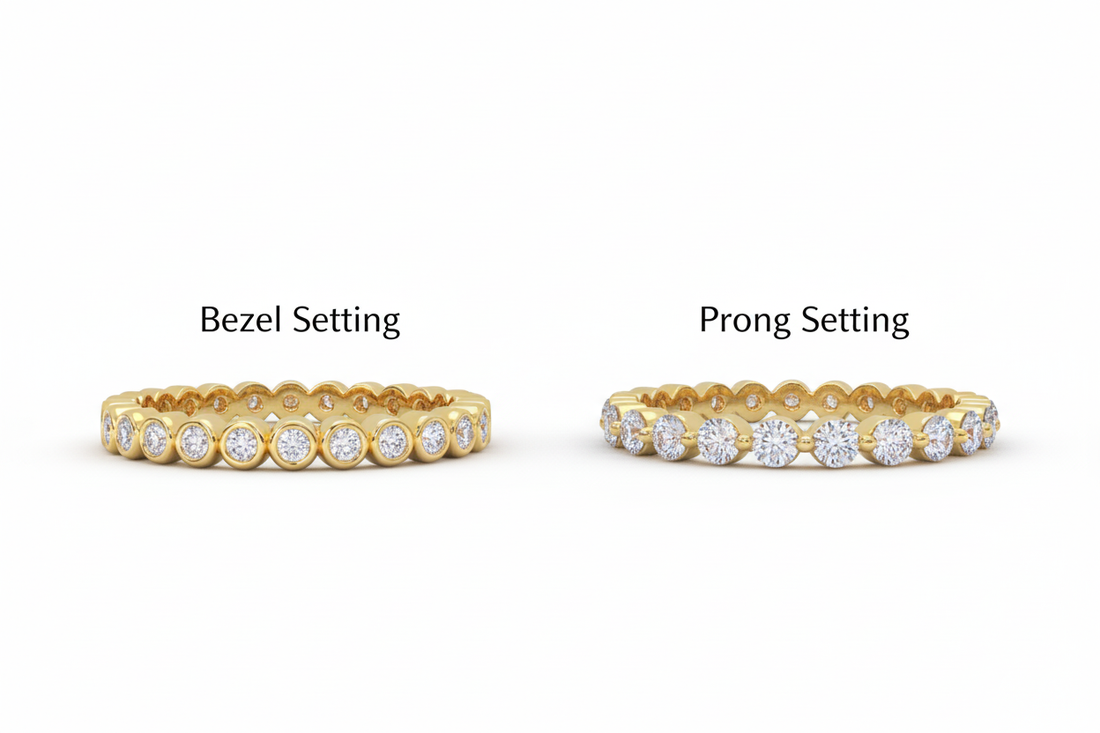 Side-by-side comparison of bezel setting and prong setting on diamond eternity rings in 14K gold