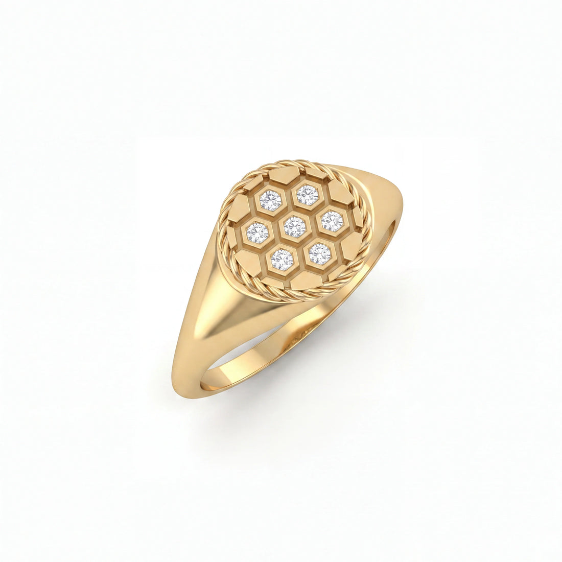 Diamond honeycomb soccer signet ring in solid 14K gold, angled view — Black Pearl of Queens