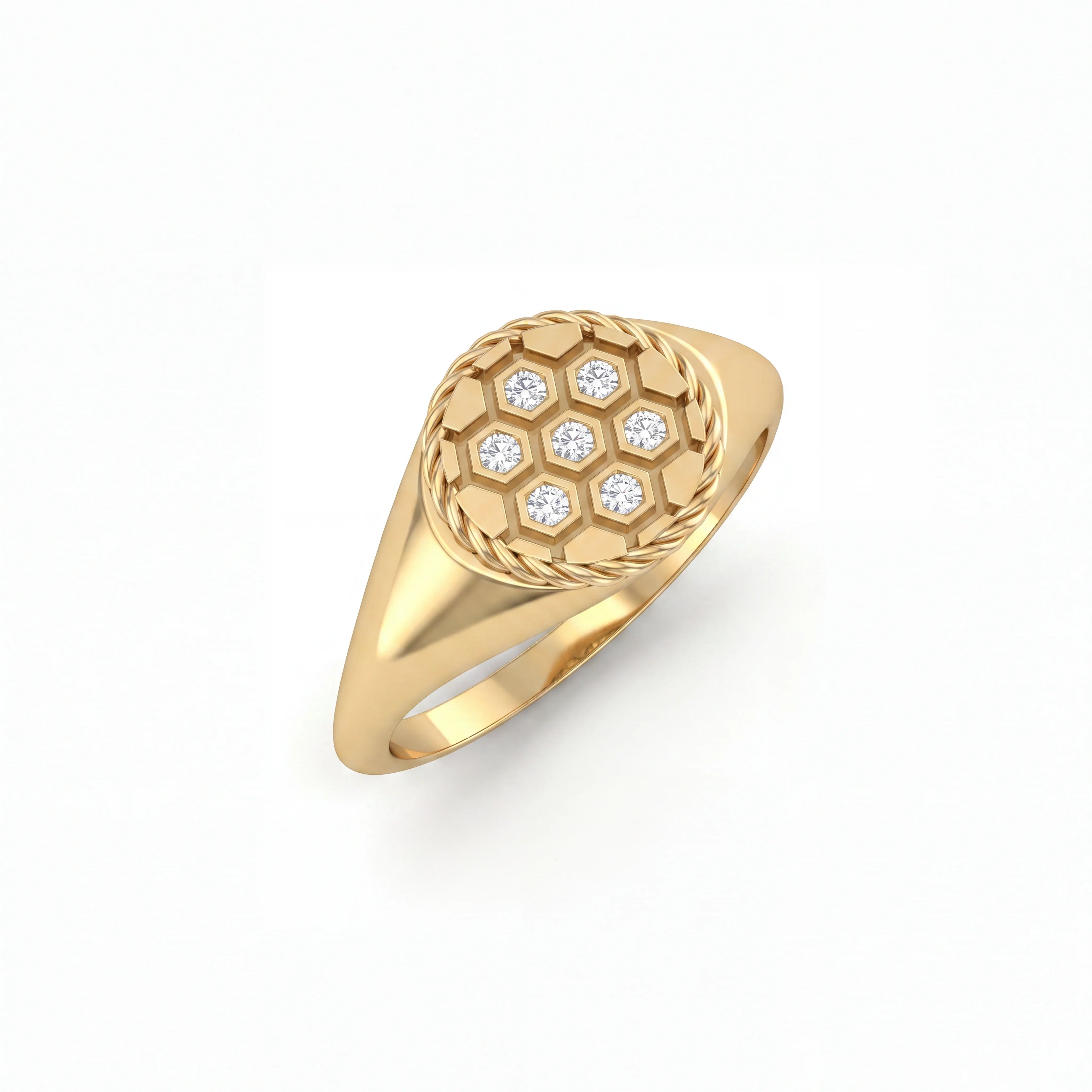 Diamond honeycomb soccer signet ring in solid 14K gold, angled view — Black Pearl of Queens