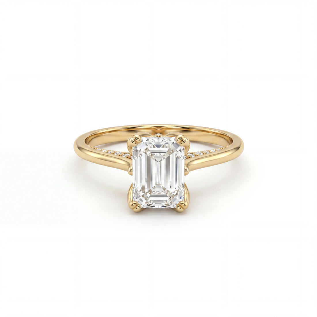 Emerald cut lotus prong milgrain Lab-Grown Diamond engagement ring in solid 14K yellow gold — Black Pearl of Queens