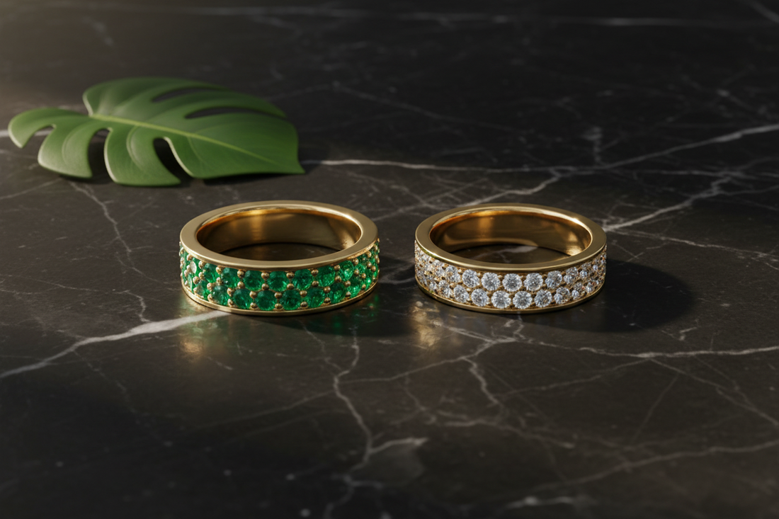 Verdant Double Row Emerald Eternity Ring and Radiant Double Row Diamond Eternity Ring in 14K Gold — Black Pearl of Queens