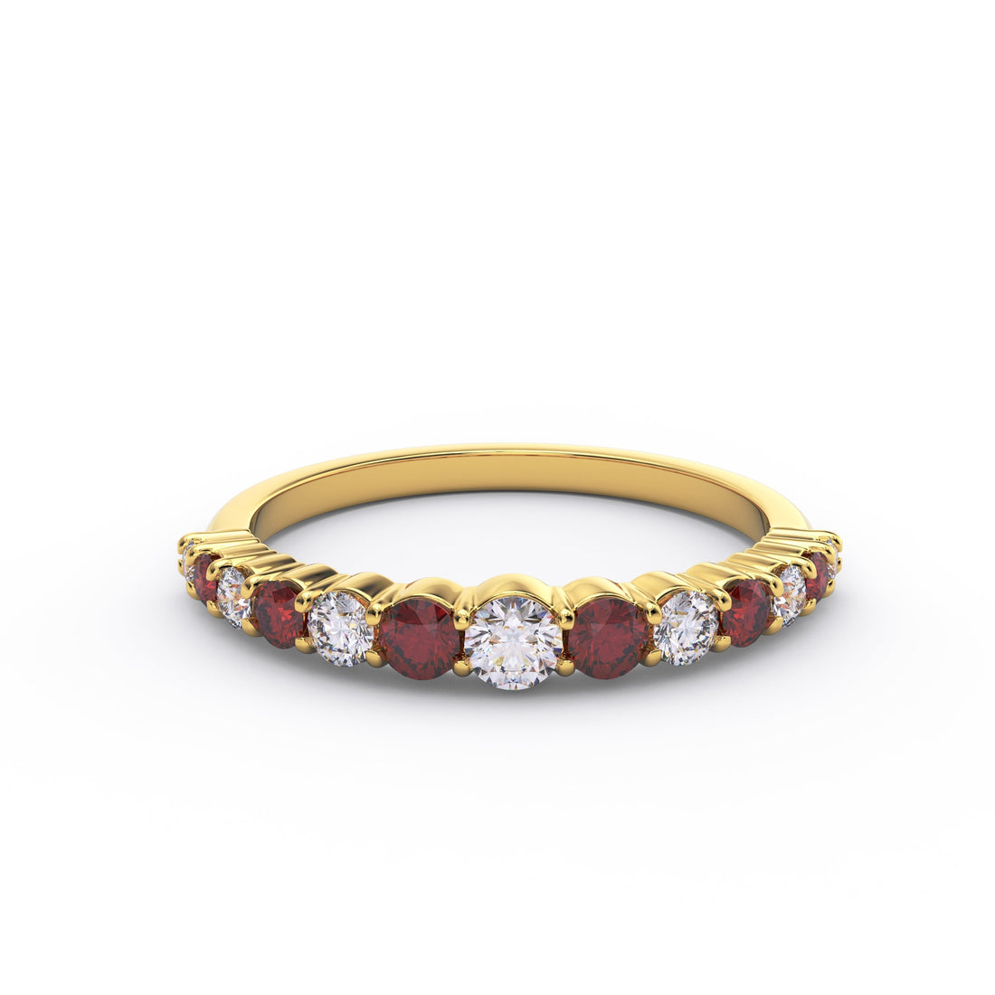 Half eternity bands with ruby, sapphire, emerald and diamond in 14K gold