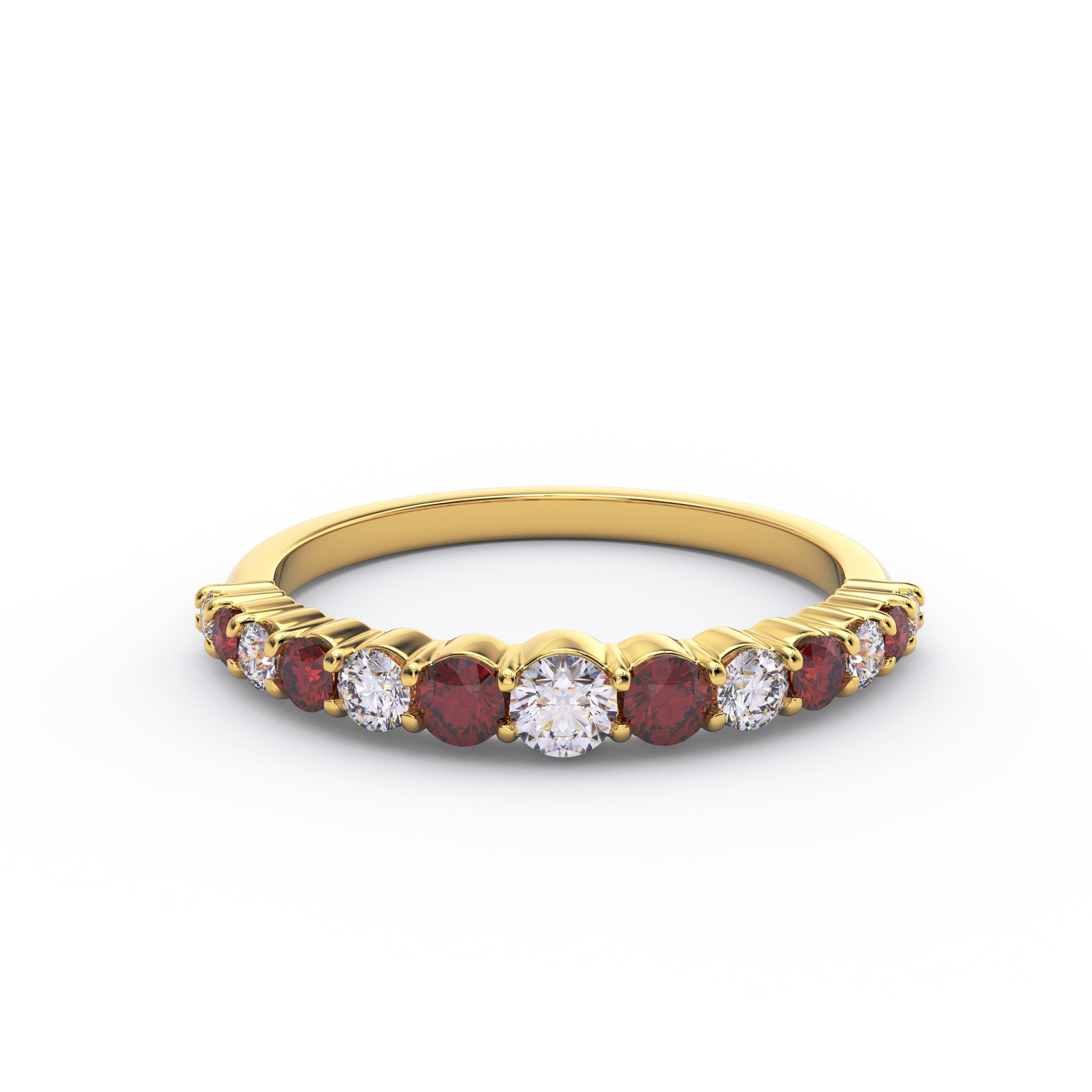 Half eternity bands with ruby, sapphire, emerald and diamond in 14K gold