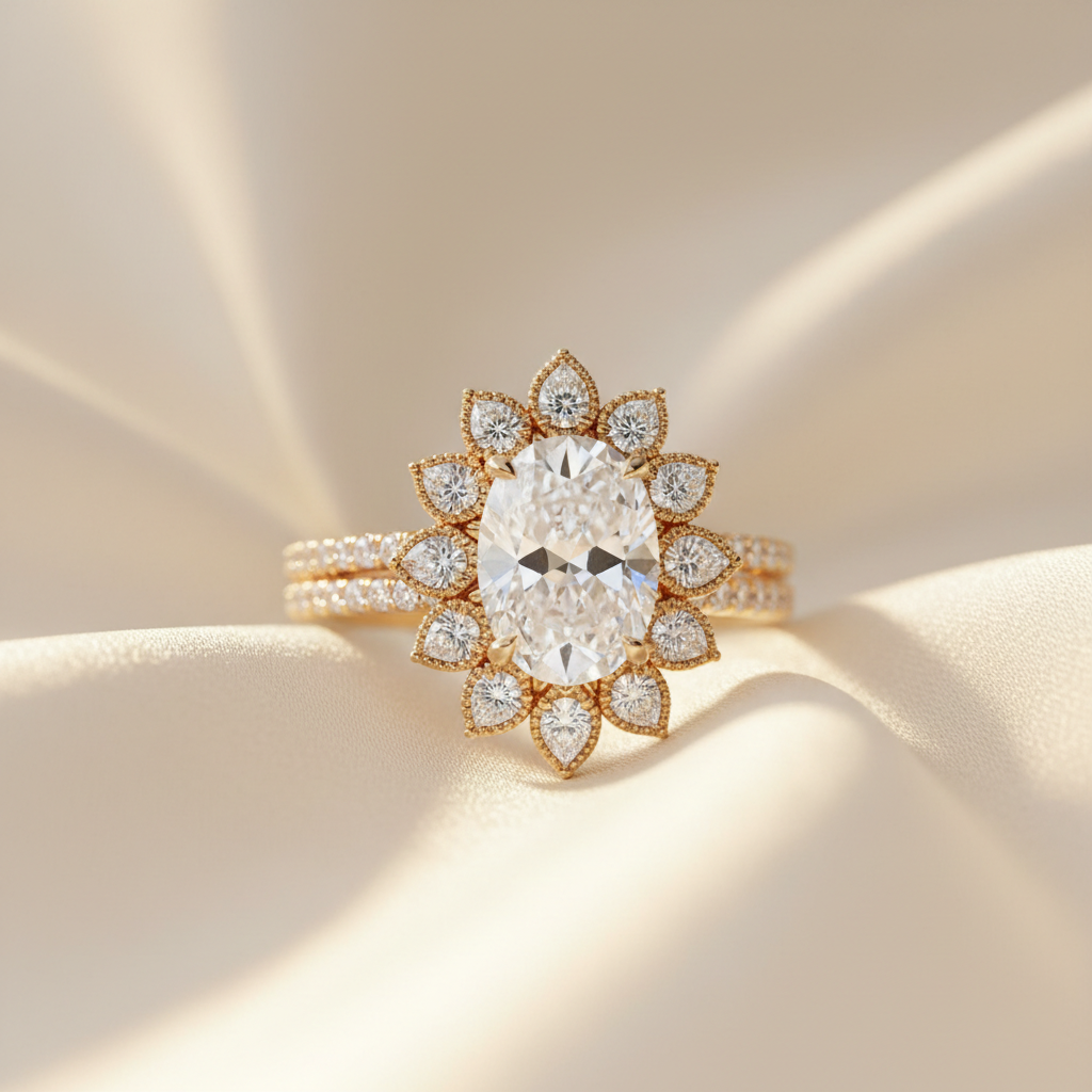 Halo engagement ring with oval lab-grown diamond and flower petal diamond halo in 14K gold handcrafted in NYC
