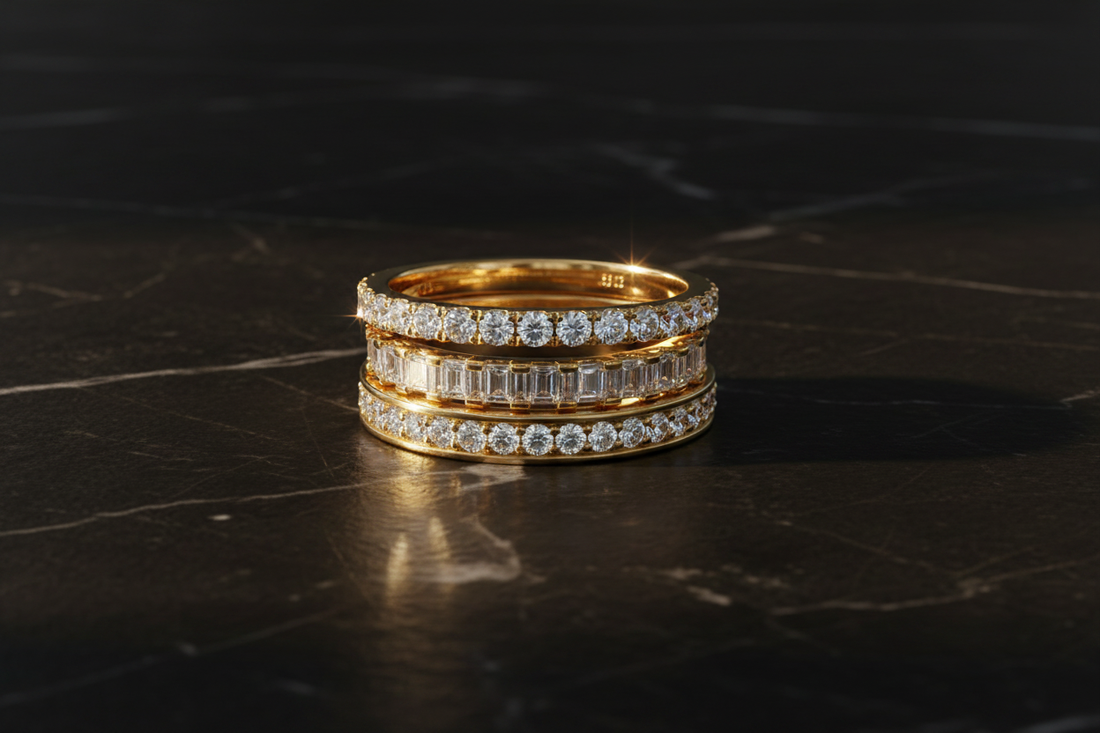 Virel Pavé Eternity Band, Virel Baguette Half Eternity Band, and Orvex Double Row Diamond Band stacked in 14K Gold — Wedding Band Stacking Guide by Black Pearl of Queens