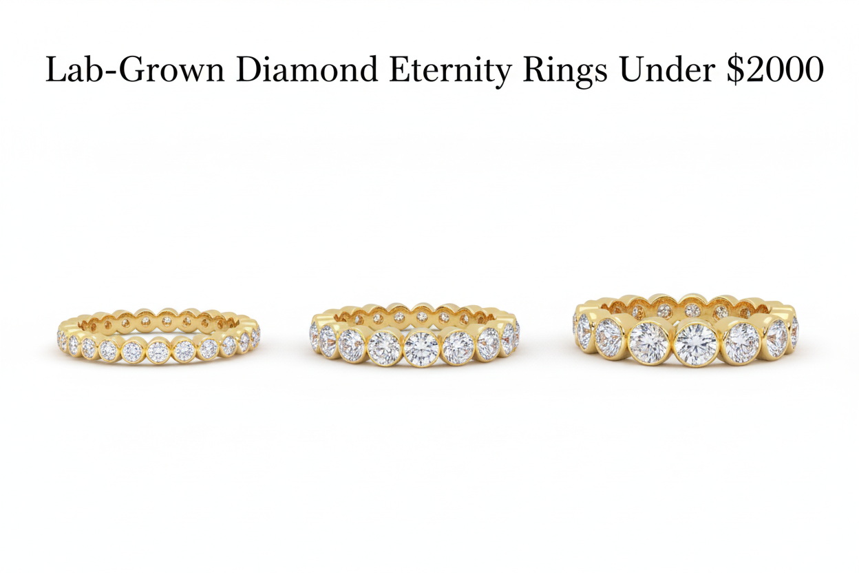 Three lab-grown diamond eternity rings in 14K gold ranging from 1/3ct to 1.75ct, showing options under $2000