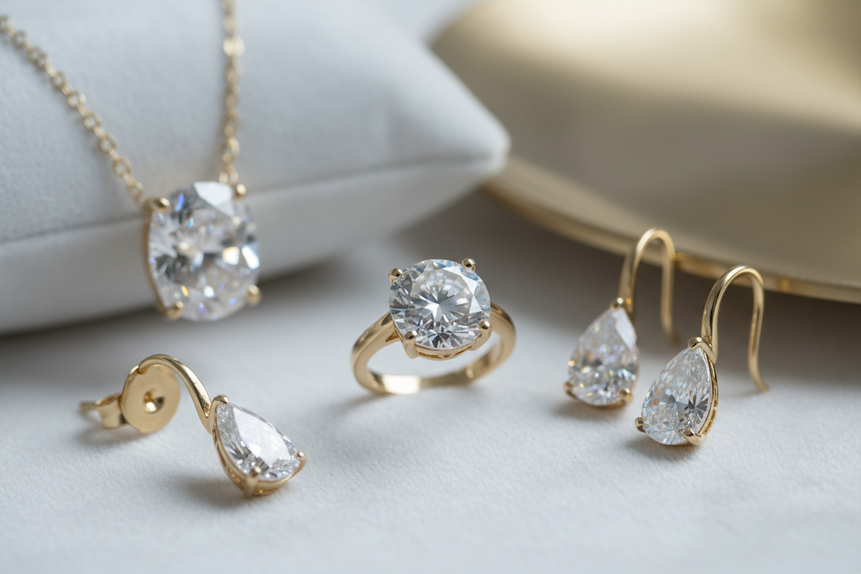Close-up of brilliant lab-grown diamonds set in 14K gold jewelry showcasing exceptional clarity and sparkle
