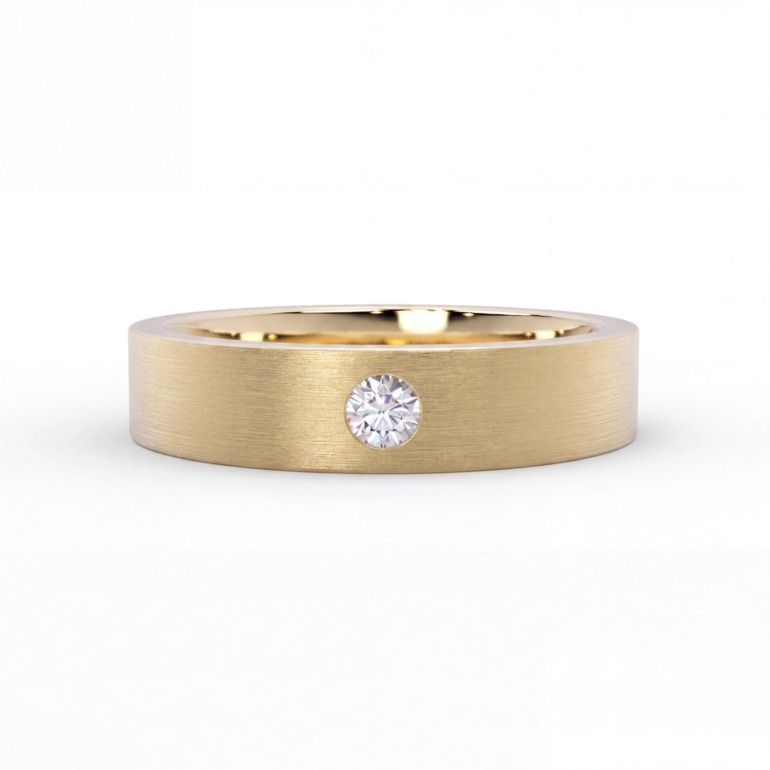 Men's Satin Lab-Grown Diamond Wedding Band with a single flush-set round diamond in 14K gold
