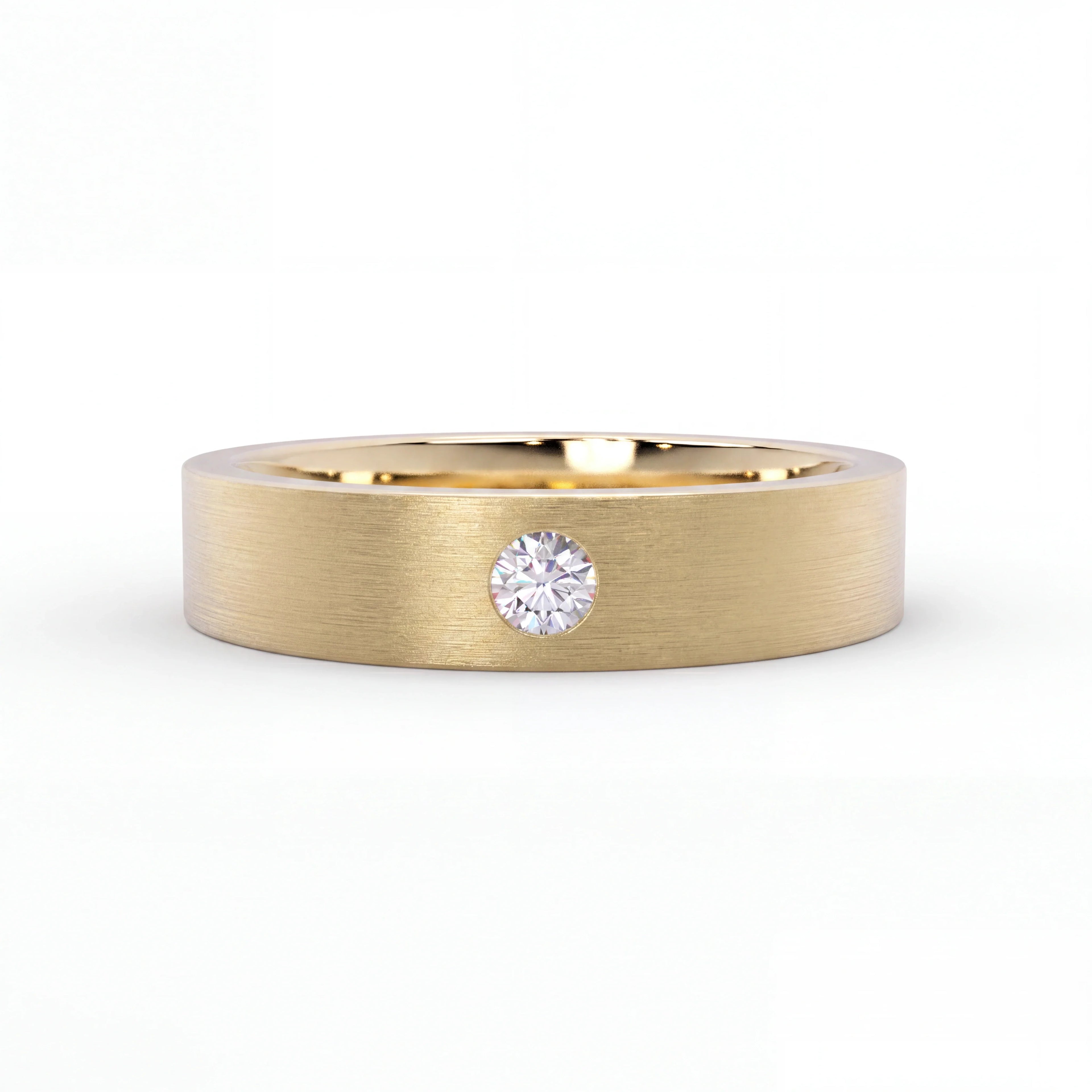 Men's Satin Lab-Grown Diamond Wedding Band with a single flush-set round diamond in 14K gold