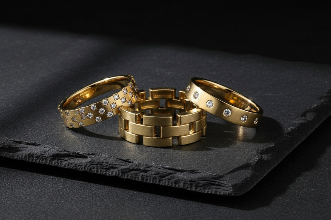 Stratum Link Band, Cyrus Tessera Diamond Band, and Cyrus Diamond Station Band in 14K Gold — Men's Wedding Bands by Black Pearl of Queens