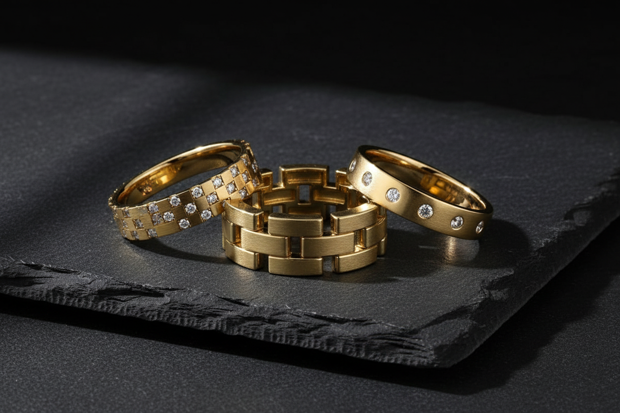 Stratum Link Band, Cyrus Tessera Diamond Band, and Cyrus Diamond Station Band in 14K Gold — Men's Wedding Bands by Black Pearl of Queens