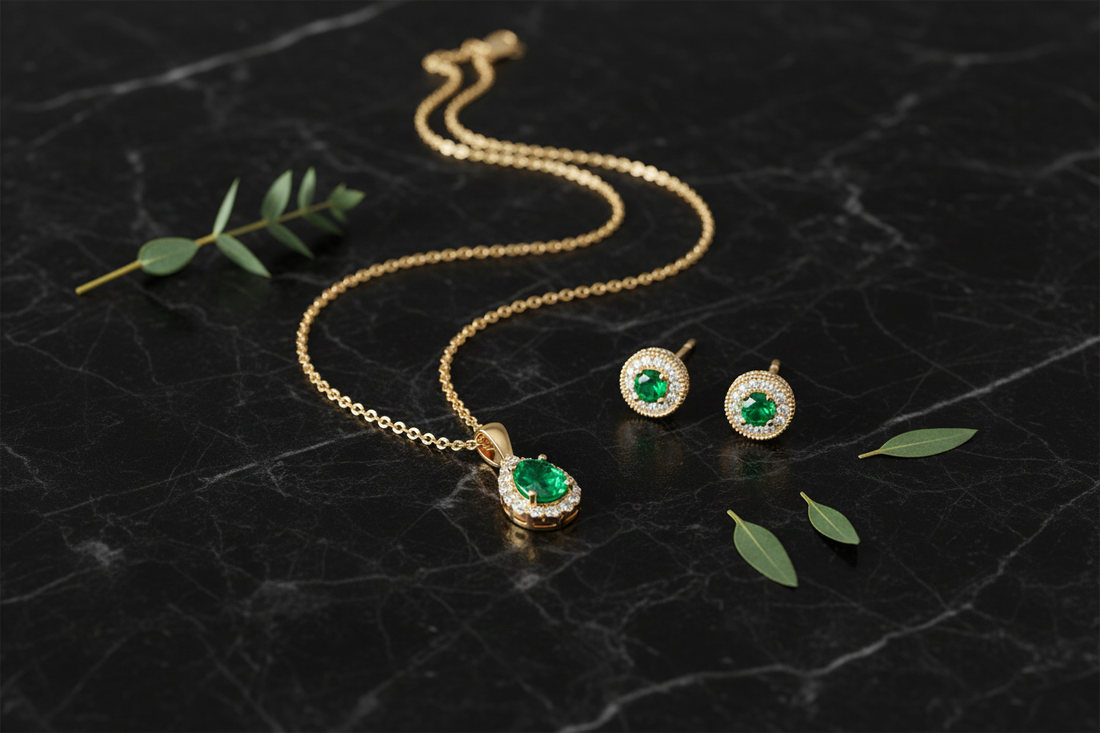 Aveline Emerald Halo Pendant and Zirelle Emerald Halo Studs in 14K Gold — Mother's Day Emerald Jewelry Gift Guide by Black Pearl of Queens