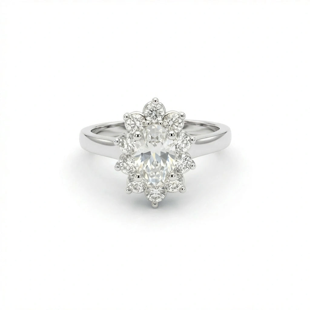2026 engagement ring trends - oval diamond flower halo ring with vintage-inspired design