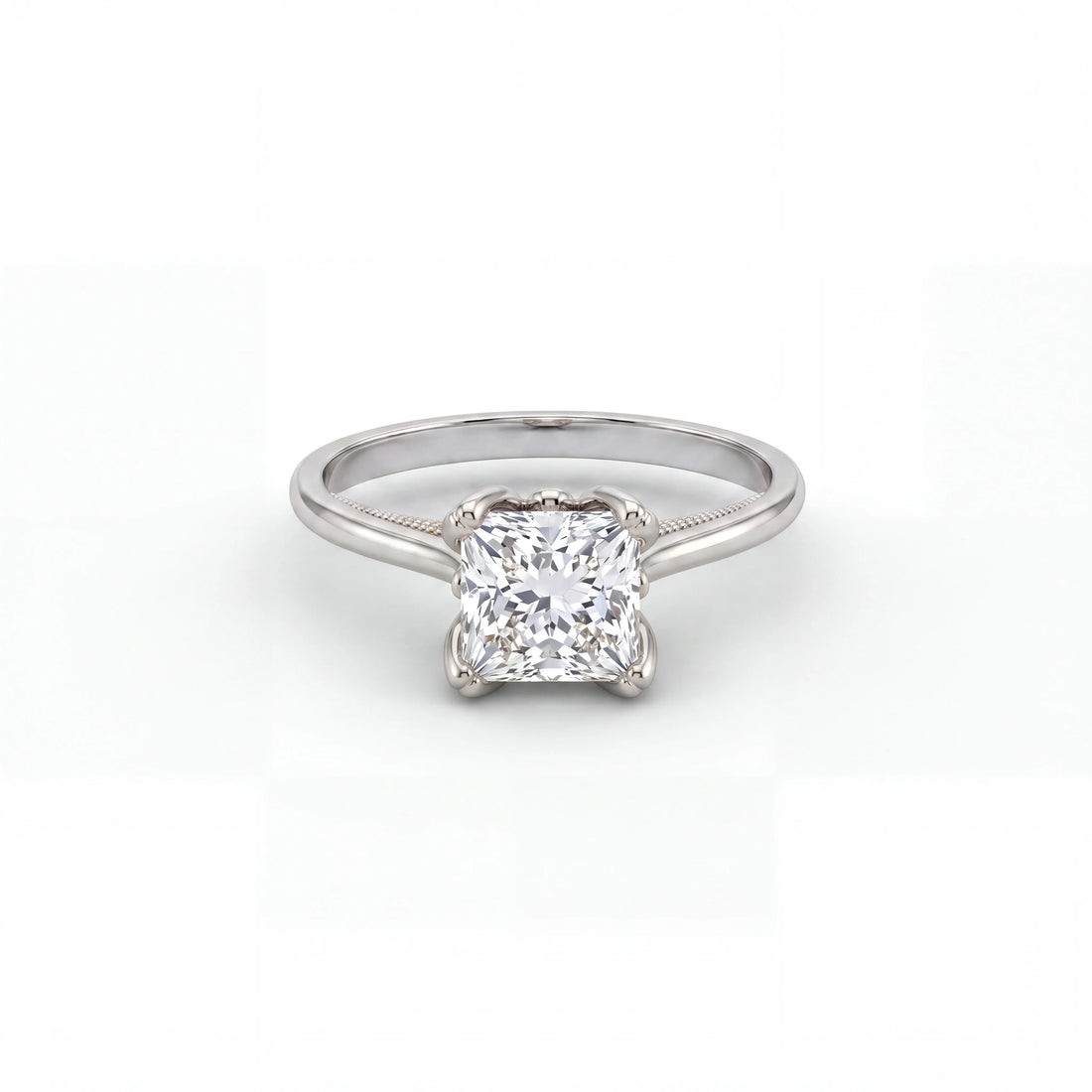 Princess cut lotus prong milgrain Lab-Grown Diamond engagement ring in solid 14K white gold — Black Pearl of Queens