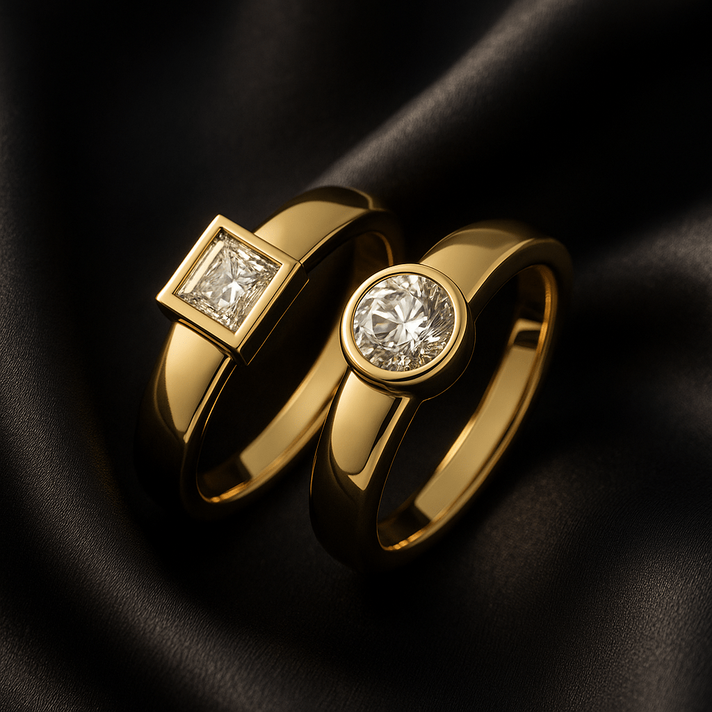 Two 14K yellow gold bezel-set diamond rings, one princess-cut and one round-cut, displayed on black satin fabric for a luxury, high-end editorial look.