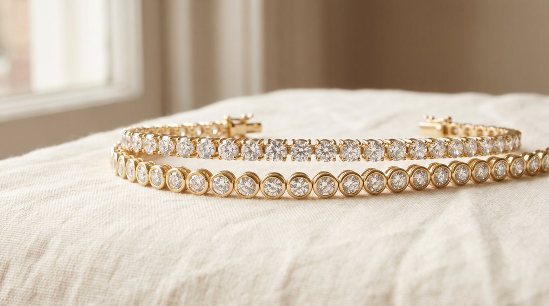 Prong-set and bezel-set diamond tennis bracelets in 14K yellow gold side by side