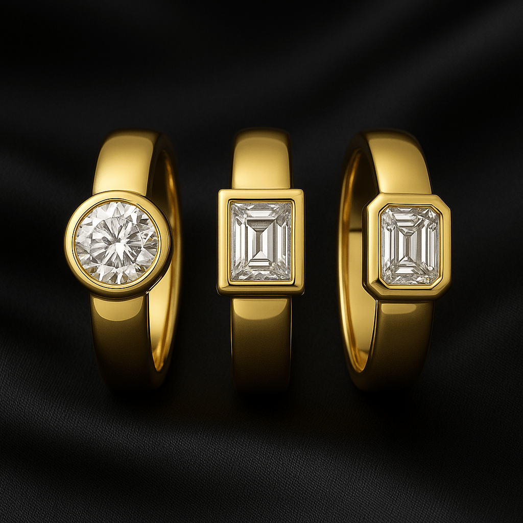 Three 14K yellow gold bezel-set diamond signet rings—round-cut, princess-cut, and east-west emerald-cut—displayed on black satin in a luxury editorial style.