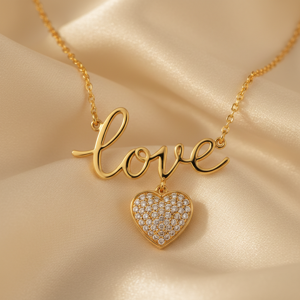 Amora Script Love Diamond Necklace in 14K gold with pavé diamond heart handcrafted in NYC