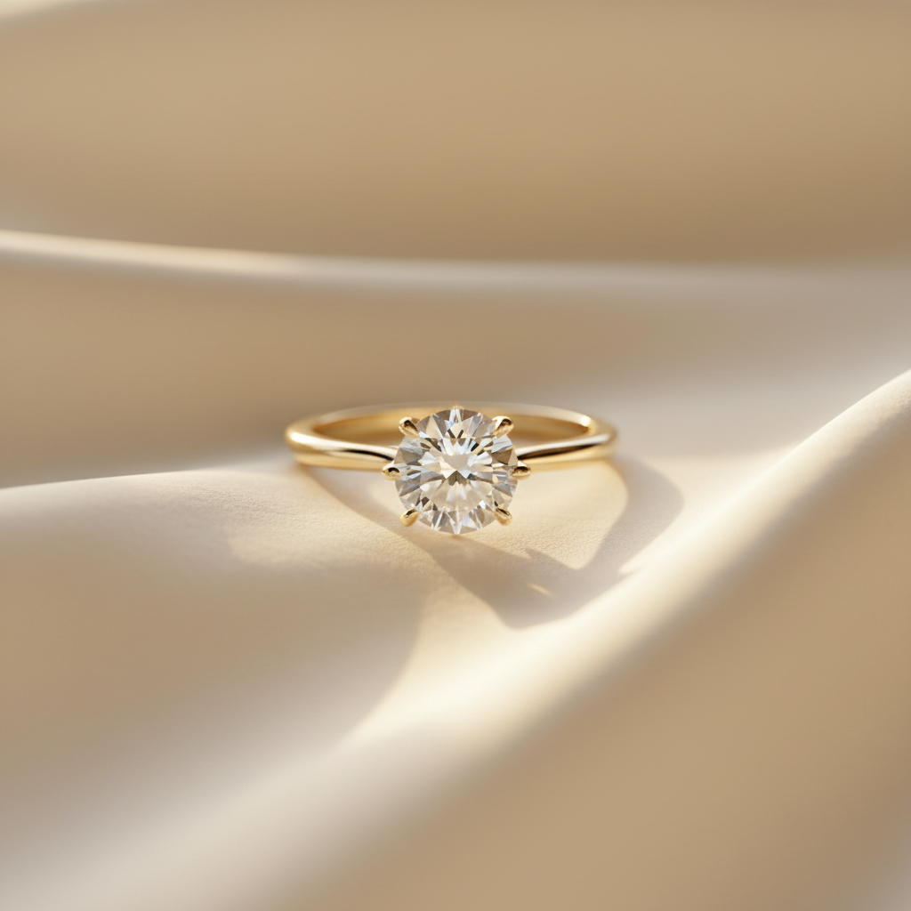 Solitaire engagement ring with round brilliant lab-grown diamond in 14K gold handcrafted in NYC
