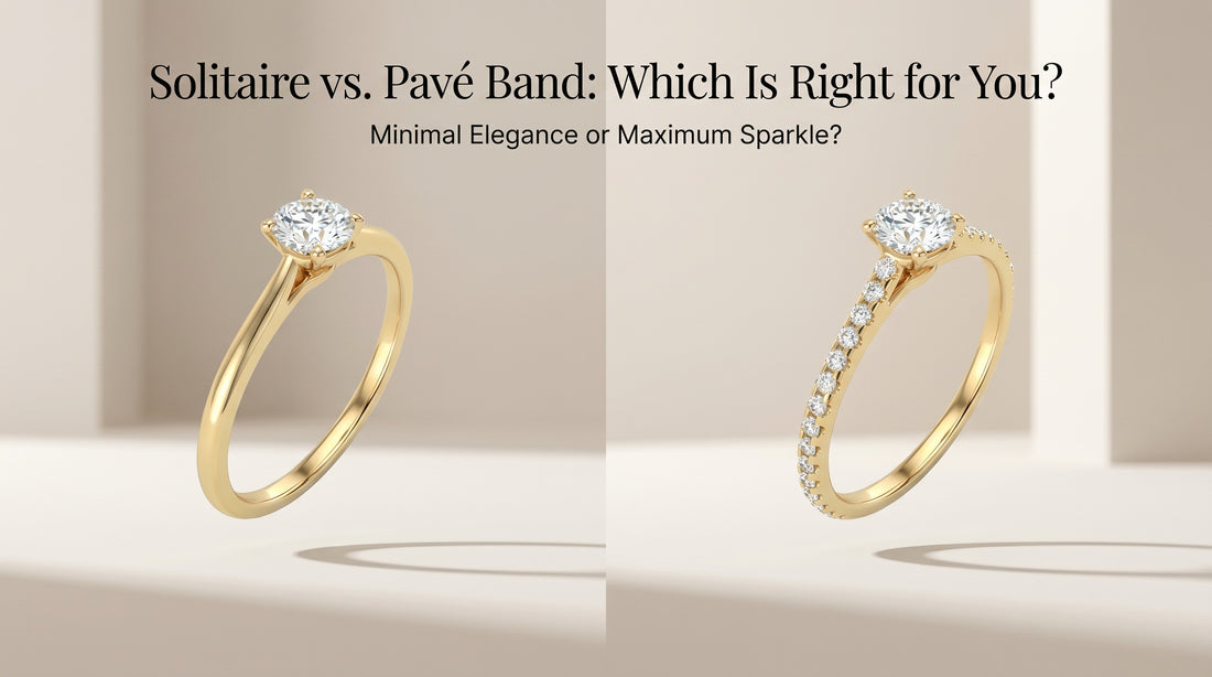 Solitaire vs pavé band engagement rings side by side in 14K yellow gold — Black Pearl of Queens