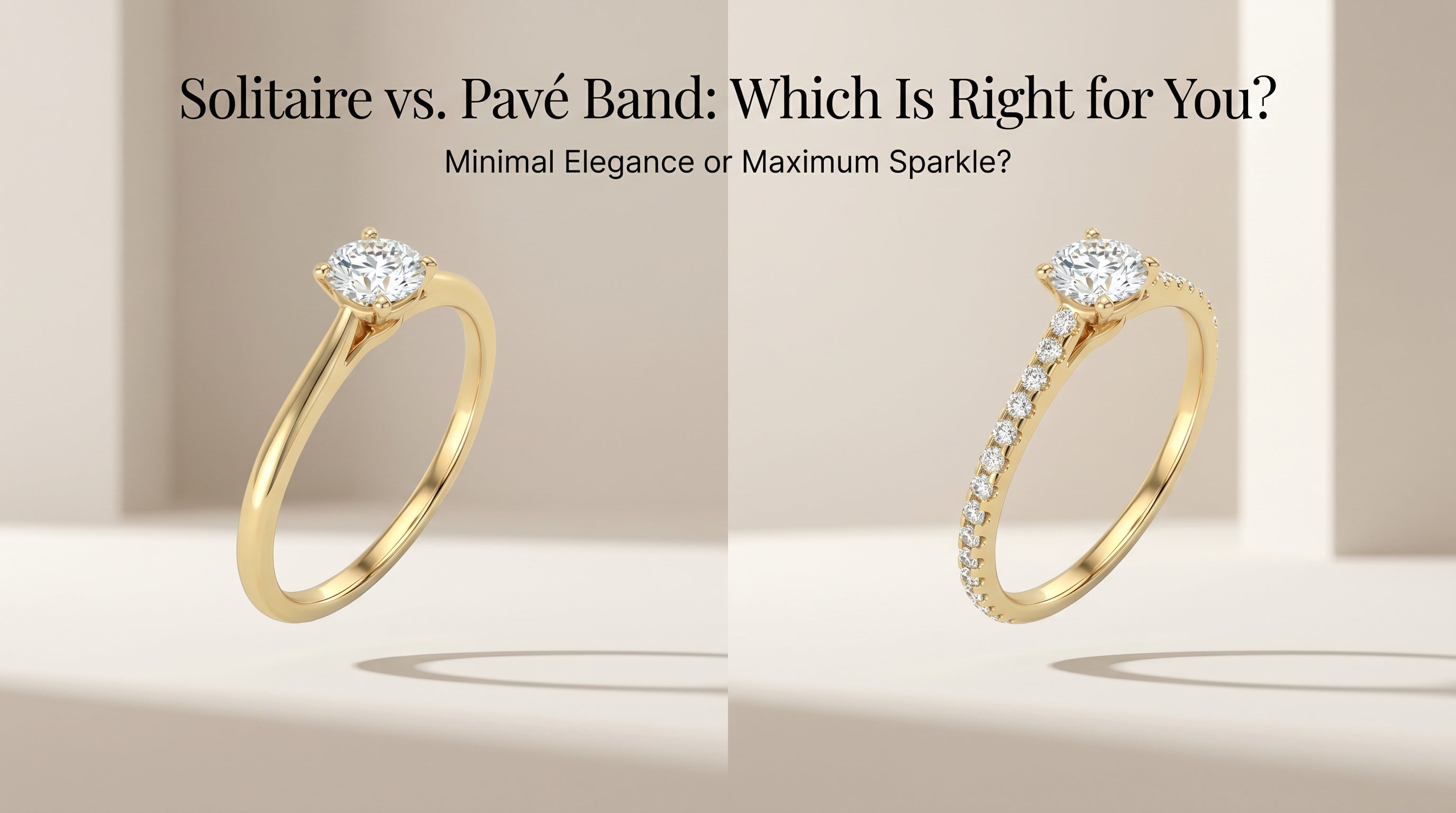 Solitaire vs pavé band engagement rings side by side in 14K yellow gold — Black Pearl of Queens