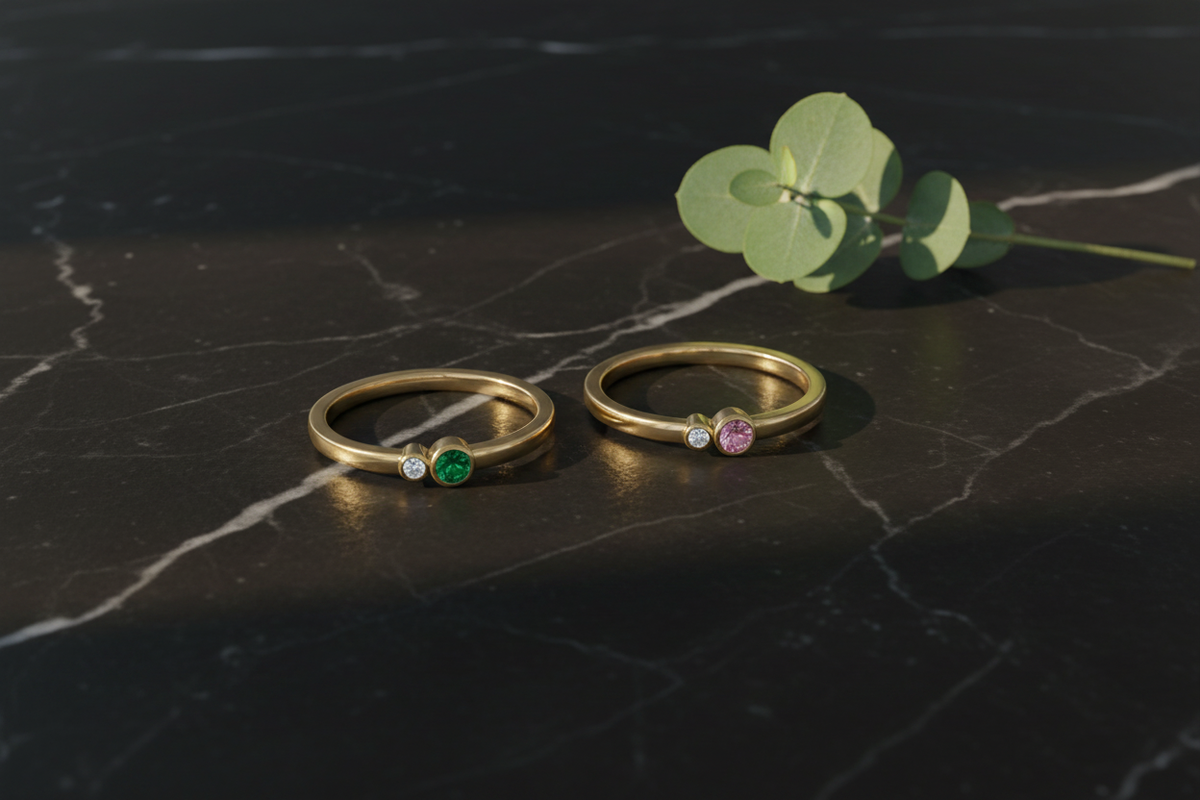 Verdant Duo Emerald & Diamond Ring and Blush Duo Pink Sapphire & Diamond Ring in 14K Gold — Two-Stone Rings by Black Pearl of Queens