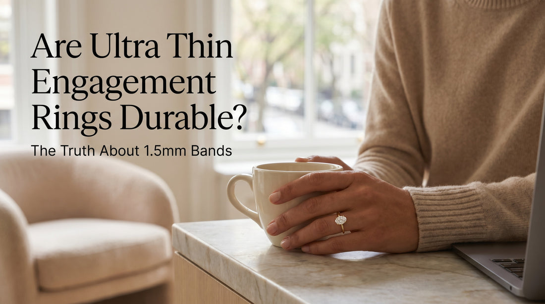 Woman wearing ultra thin band engagement ring holding coffee — made for everyday wear — Black Pearl of Queens