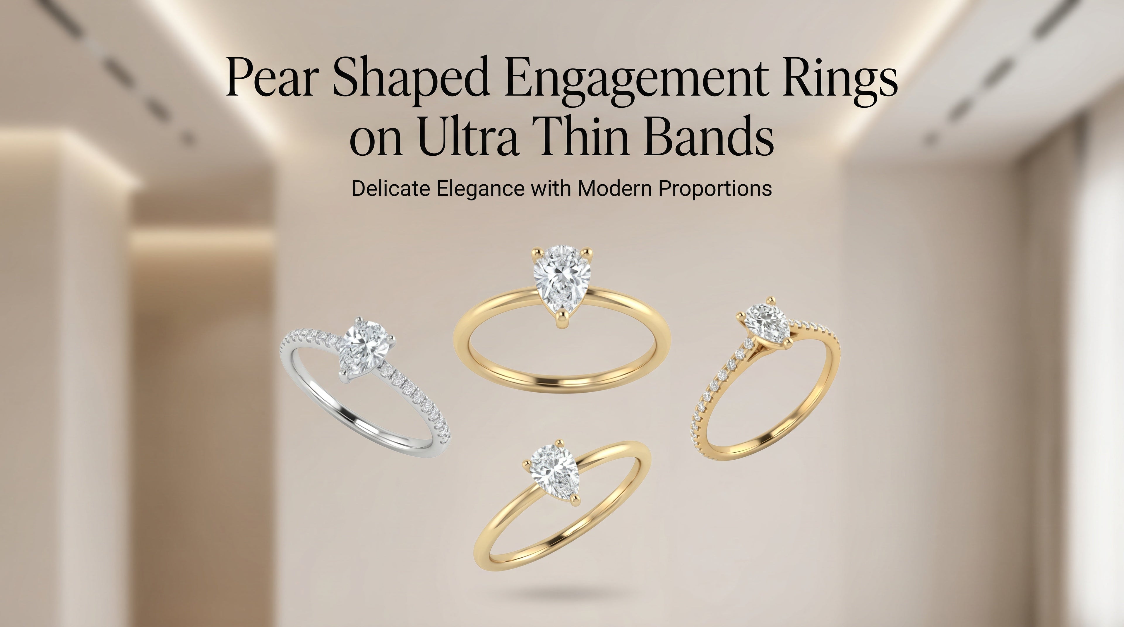 Pear shaped engagement rings on ultra thin bands — solitaire and pavé in 14K gold — Black Pearl of Queens