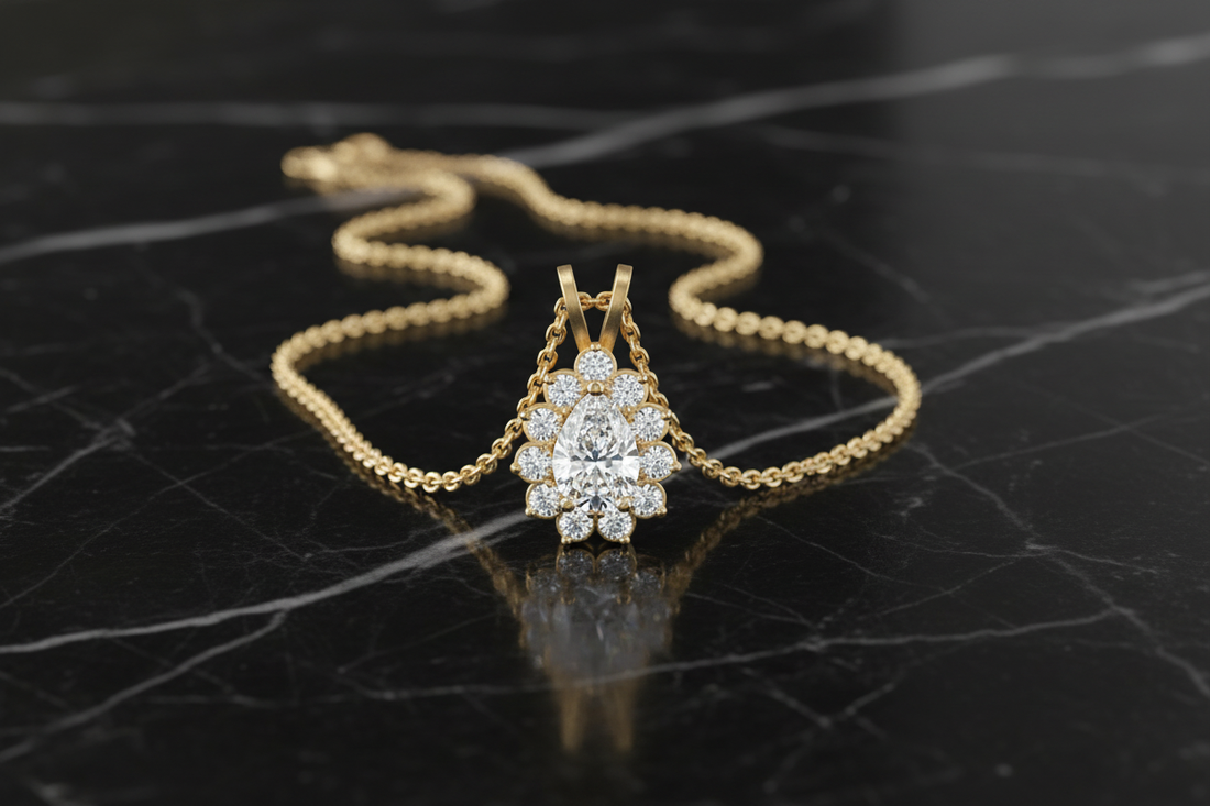 Valeria Halo Pendant 0.9ct Pear Lab-Grown Diamond in 14K Gold — Black Pearl of Queens