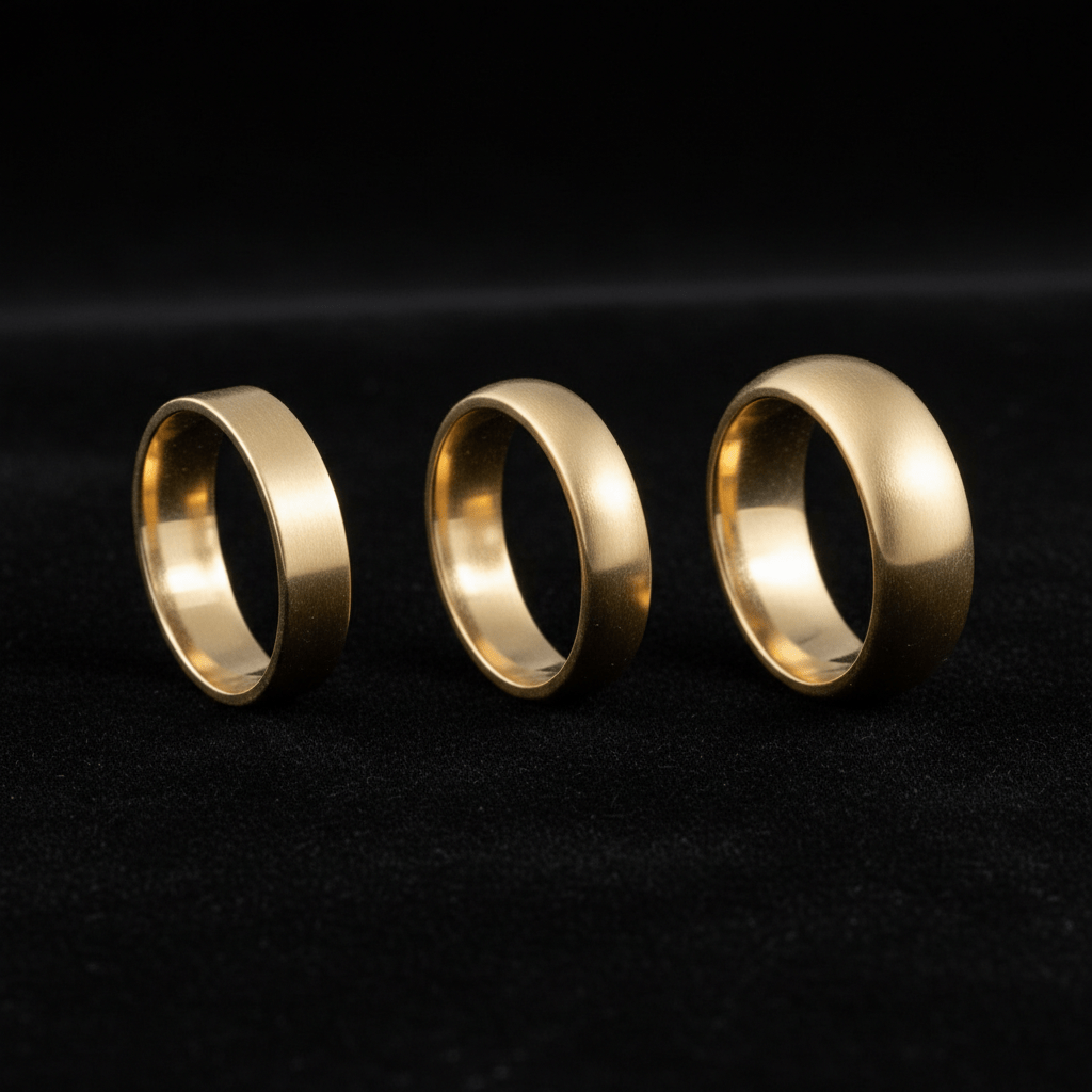 Flat, low-dome, and high-dome women’s gold wedding band profiles shown side by side for comparison