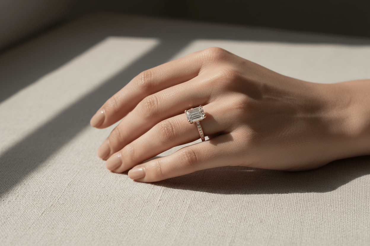 1ct emerald cut engagement ring worn on hand showing balanced size and elegant proportions