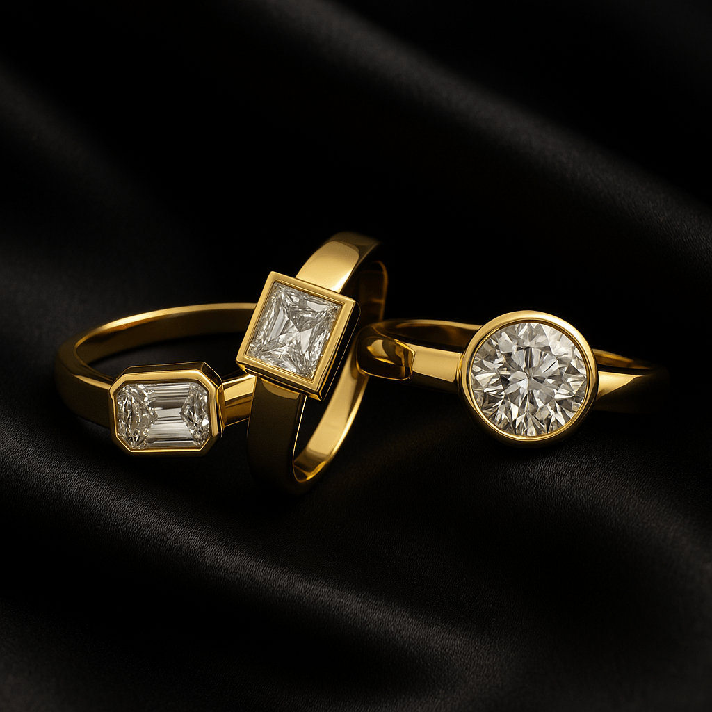Three 14K yellow gold bezel-set diamond signet rings—east-west emerald-cut, princess-cut, and round-cut—displayed on black satin for a luxury editorial look.