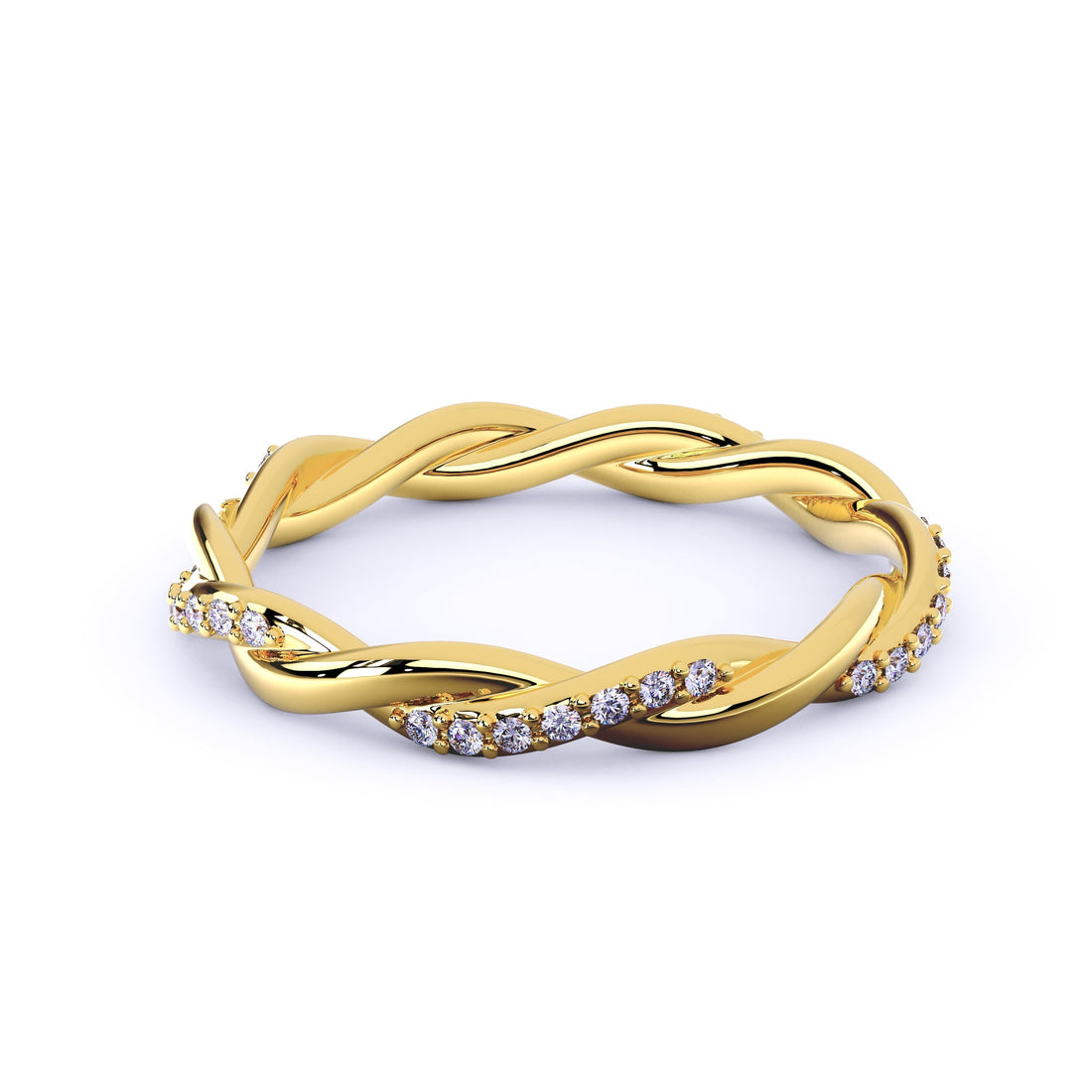 Twisted diamond wedding band in 14K gold designed for bridal stacking in 2026