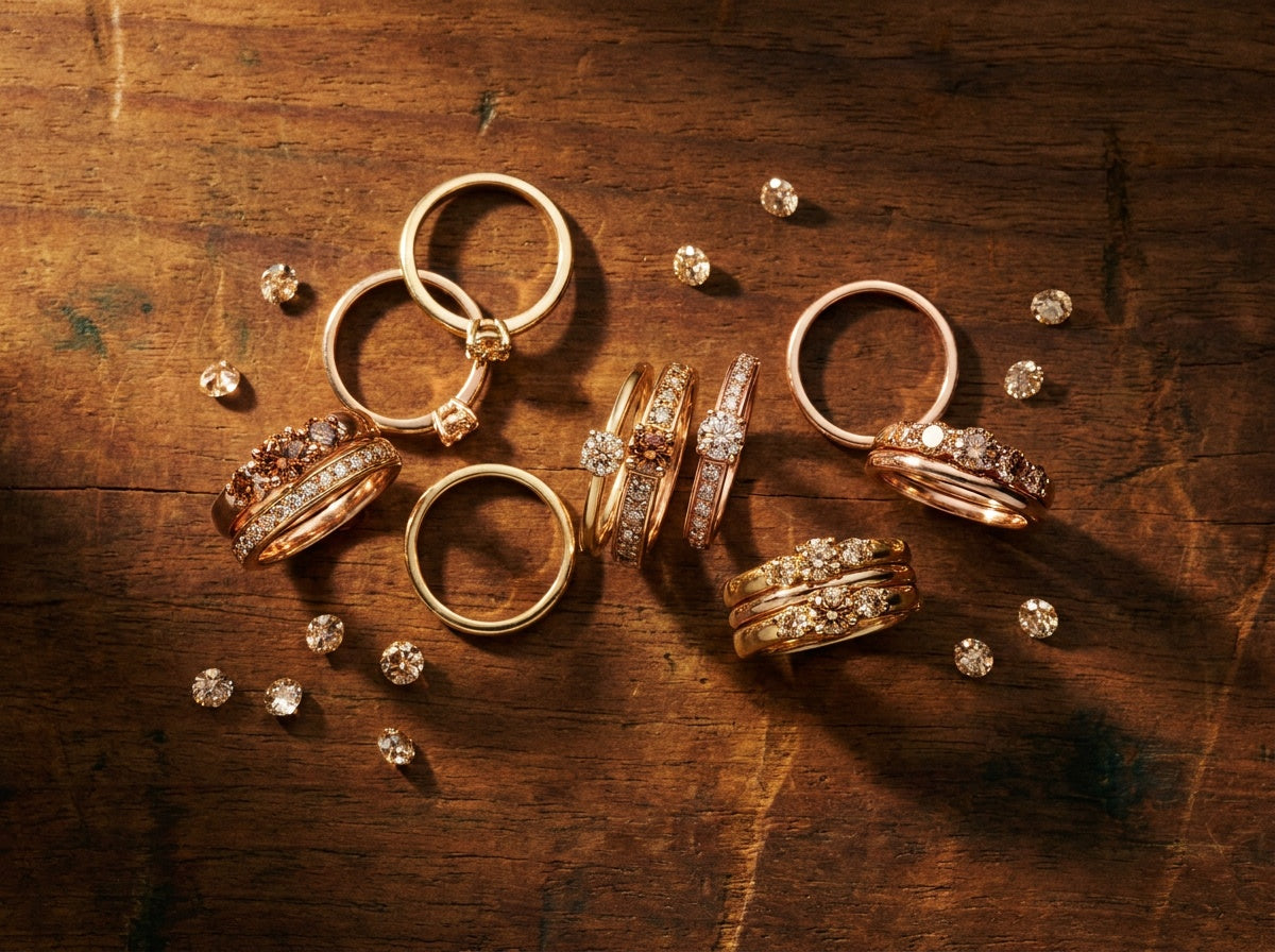 Pavé cognac diamond eternity band stacked with a brushed plain gold band, resting on dark natural slate rock with warm backlight — Brownstone Rings by Black Pearl of Queens