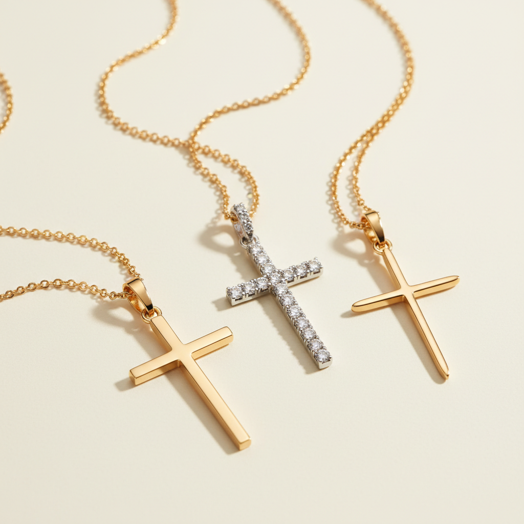 14K yellow gold cross necklace collection with lab-grown diamond pendants