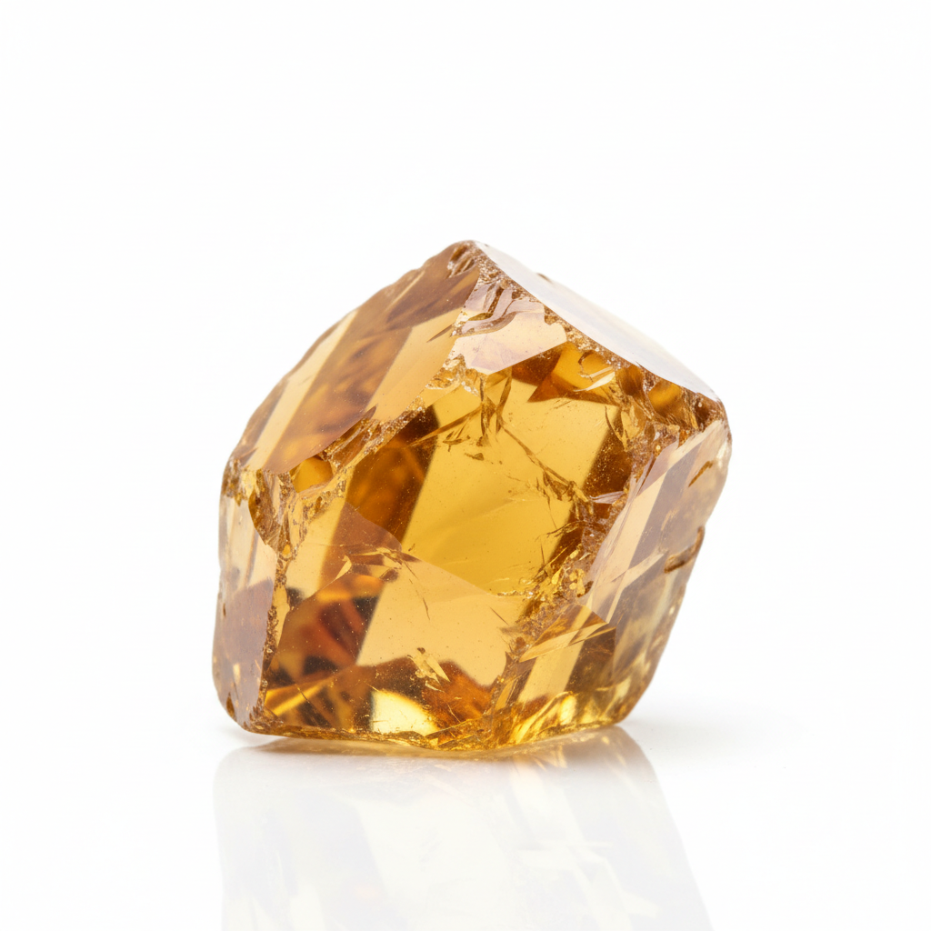 Raw citrine gemstone crystal with warm golden-yellow translucent color on a white background