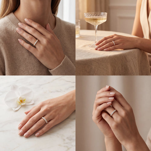 Woman wearing the 1/3 Eternity Round Lab-Grown Diamond Band in everyday lifestyle settings