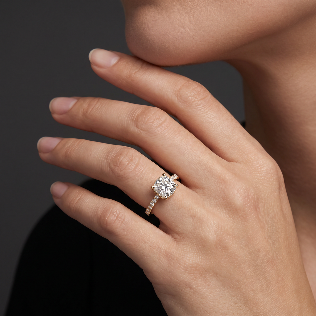 1.5 carat cushion cut Lab-Grown Diamond engagement ring worn on hand, 14K rose gold with pavé band, shown for scale